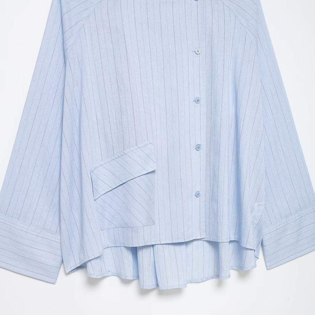 Damen Oversized gestreifte Hemdbluse mit Stehkragen, asymmetrischer Knopfleiste und High‑Low‑Saum Drune