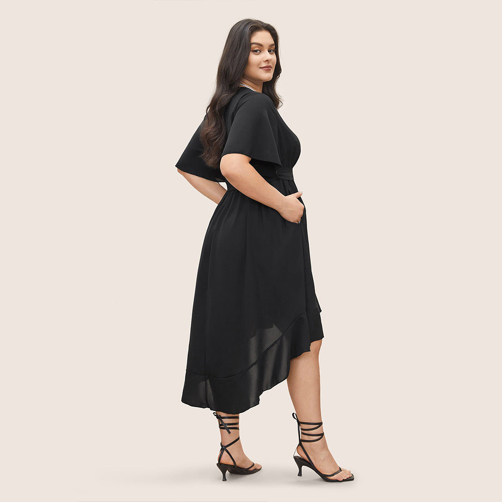 Damen Elegantes Wickelkleid mit asymmetrischem Saum und taillierendem Gürtel Drune
