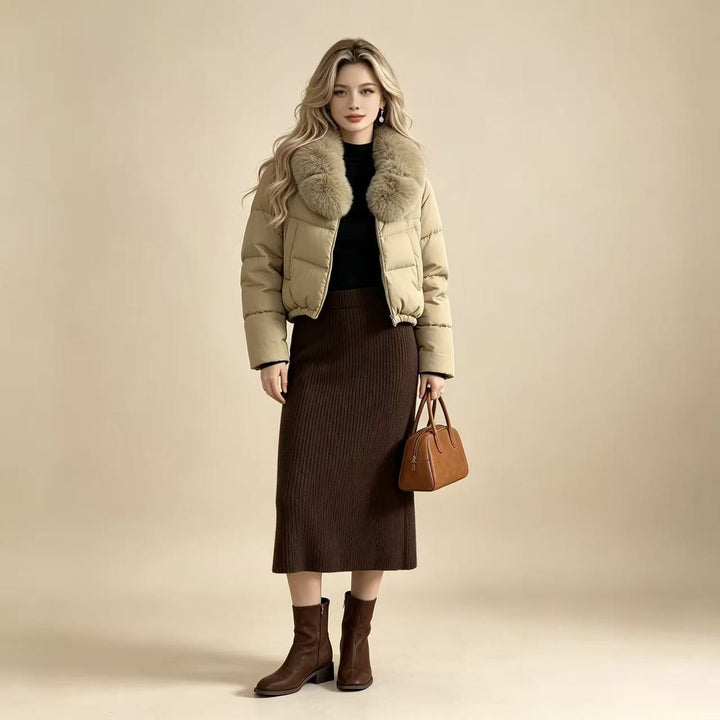 Damen nan kurz geschnittene Boxy-Pufferjacke mit extra großem Webpelzkragen und formstabilem Saum Drune