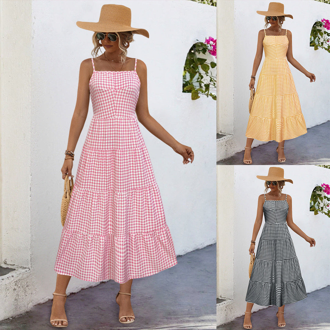 Damen Maxikleid im karierten Design mit Taillenakzent und Rüschensaum Drune