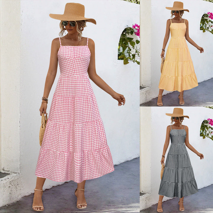 Damen Maxikleid im karierten Design mit Taillenakzent und Rüschensaum Drune