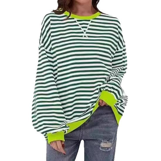 Damen Gestreifter Oversize Pullover mit Kontrastbündchen Drune