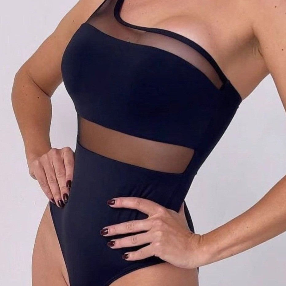 Damen Einteiler Badeanzug mit asymmetrischem Schnitt und transparenten Akzenten Drune