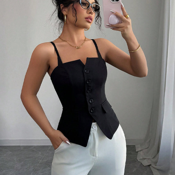 Damen ärmelloses Blusentop mit tailliertem Schnitt und Knopfdetails Drune