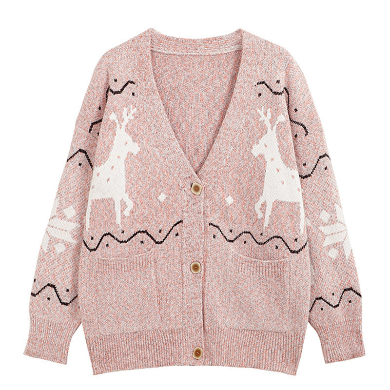 Damen Gemütlicher Cardigan mit Rentier-Motiv und Taschen Drune