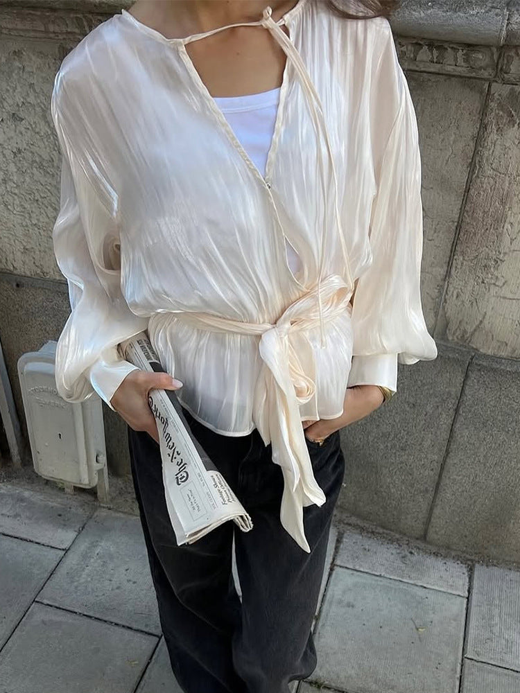 Damen Elegante Wickelbluse mit Bindegürtel und voluminösen Ballonärmeln Drune