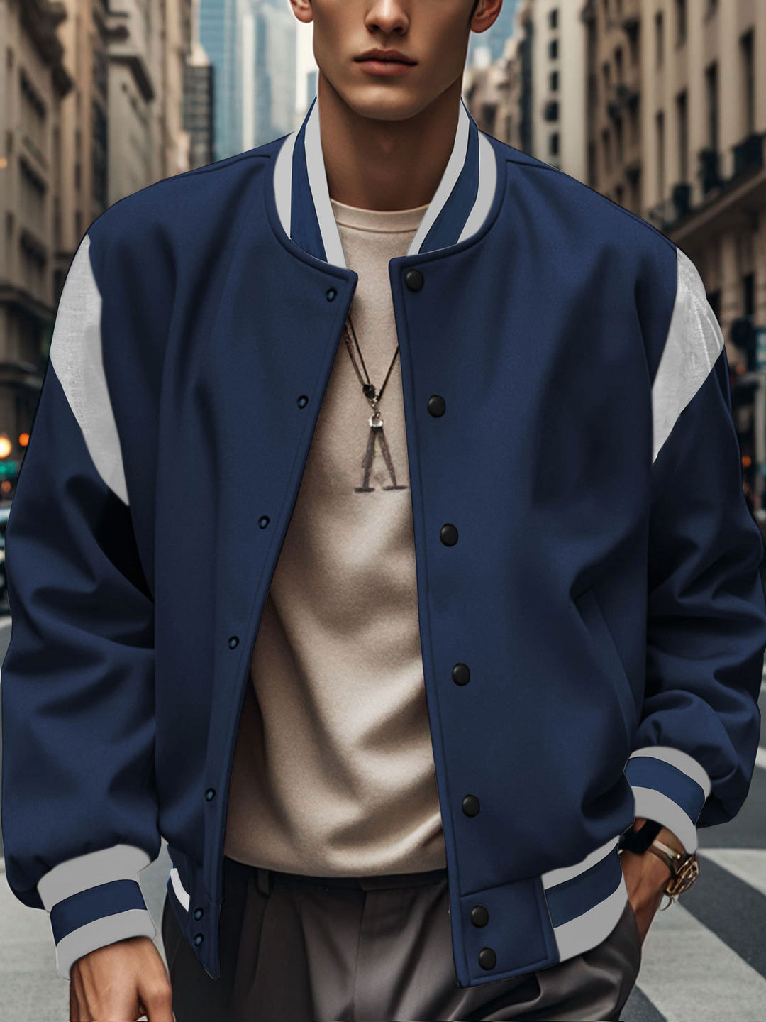 Herren nan leichte Collegejacke im Varsity-Look mit Druckknopfverschluss Rippbündchen und Kontrast-Schulterbesatz Drune