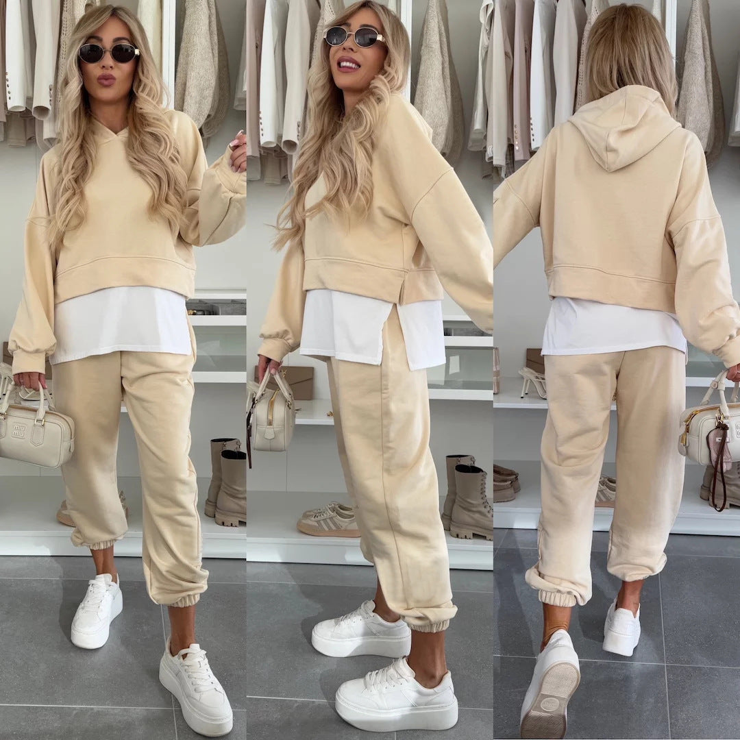 Damen Cropped-Hoodie-Lounge-Set mit asymmetrischem Saum, voluminösen Raglanärmeln und gekrempelter Jogginghose Drune