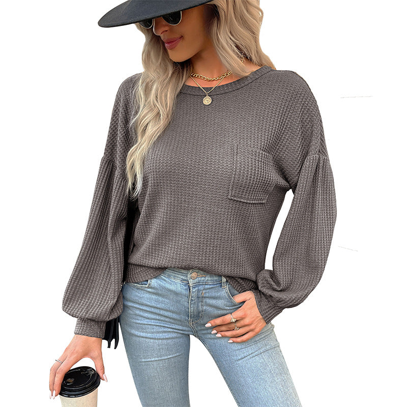 Damen Waffelstrick-Langarmshirt mit Oversize-Brusttasche und Ballonärmeln Drune