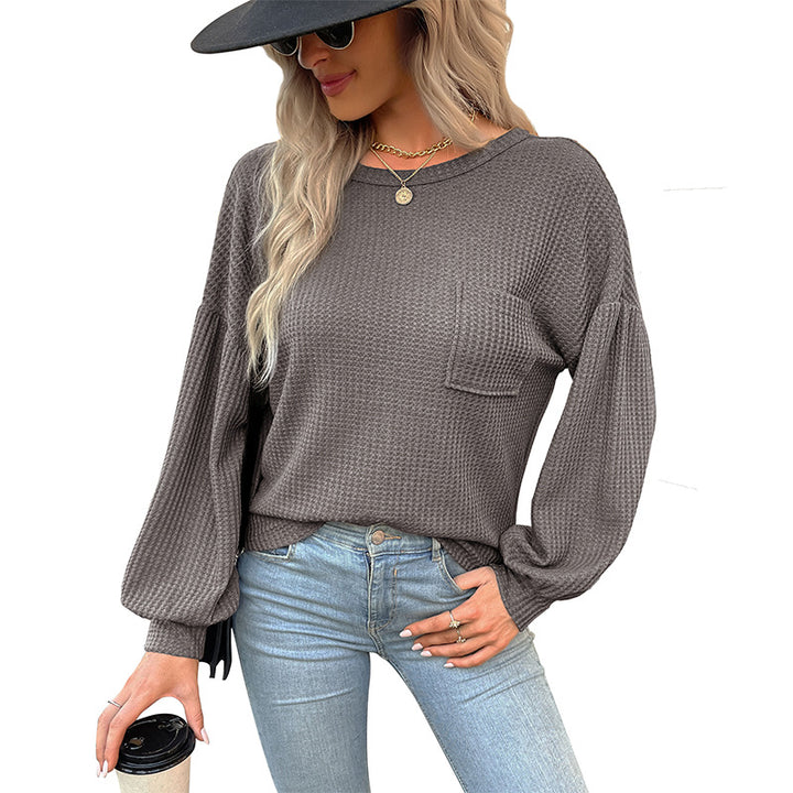 Damen Waffelstrick-Langarmshirt mit Oversize-Brusttasche und Ballonärmeln Drune