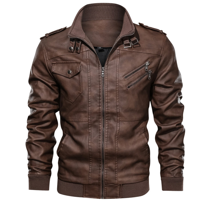 Herren Biker-Pilotjacke aus Kunstleder mit hohem Kragen, Schulterklappen und Rippbündchen Drune