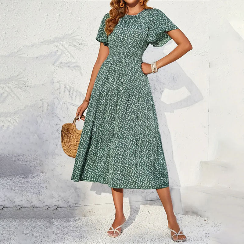 Damen Midikleid mit voluminösen Ärmeln und fließendem Rock Drune