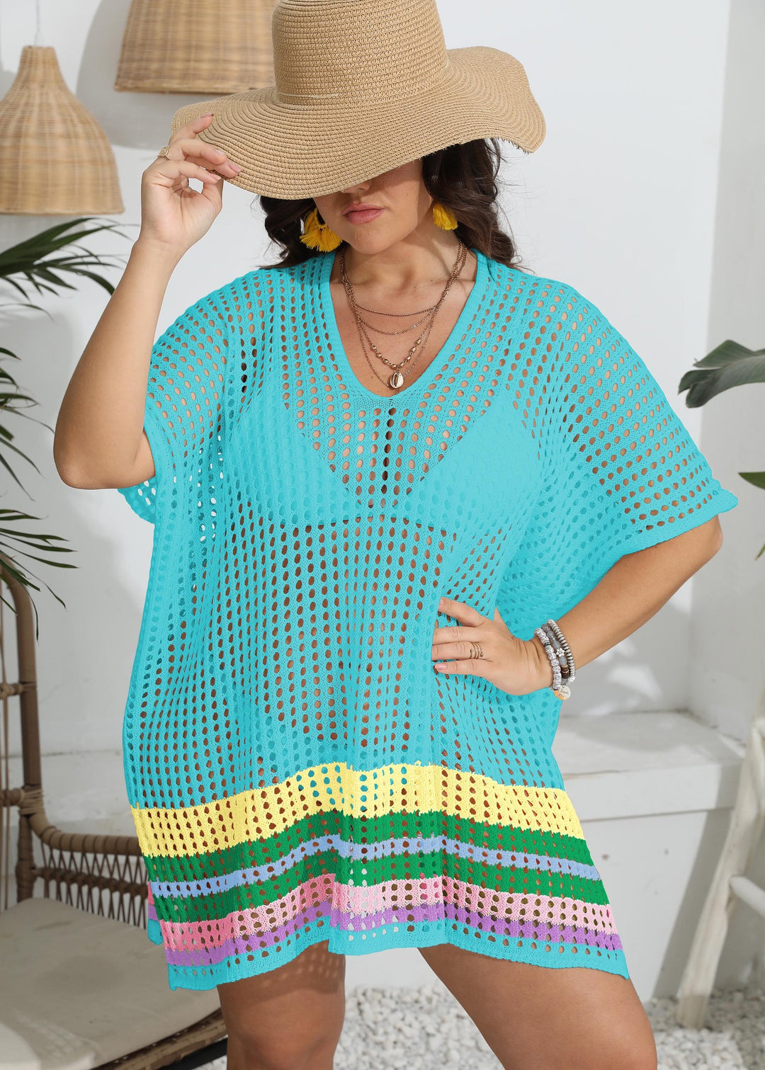 Damen transparenter Strandüberwurf mit buntem Lochdesign Drune