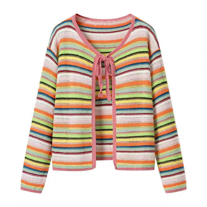 Damen Bunte Cropped Ajourstrick‑Cardigan mit Bindeband und geripptem Saum Drune