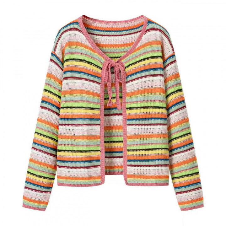 Damen Bunte Cropped Ajourstrick‑Cardigan mit Bindeband und geripptem Saum Drune