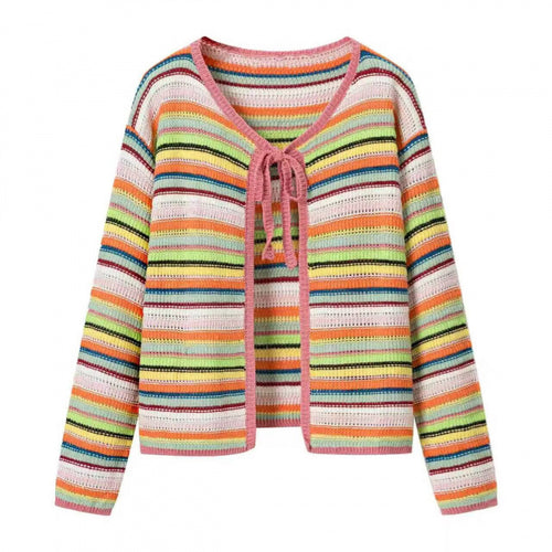 Damen Bunte Cropped Ajourstrick‑Cardigan mit Bindeband und geripptem Saum Drune
