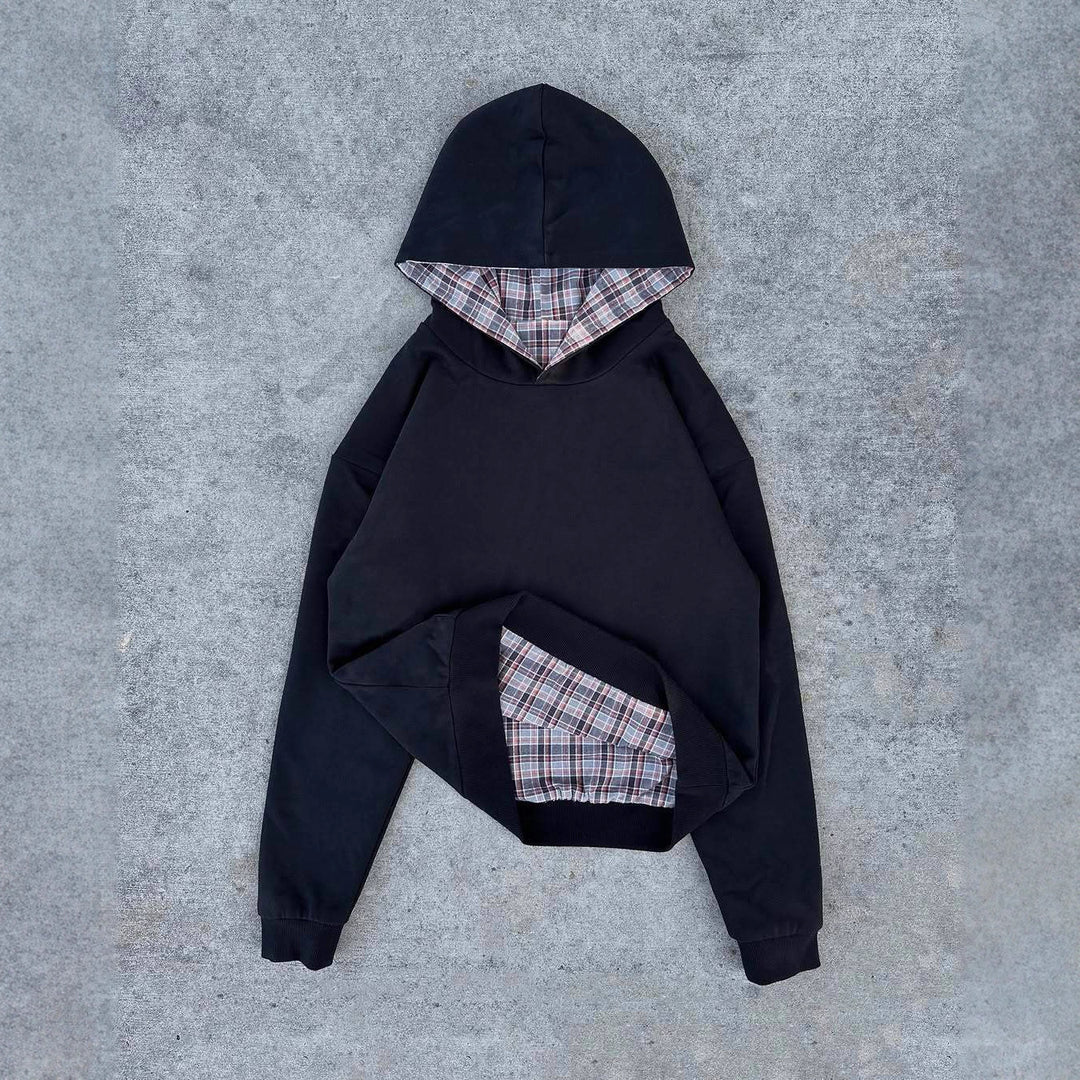 Damen nan kurz geschnittenes Kapuzensweatshirt mit kariertem Flanellfutter und Kängurutasche Drune