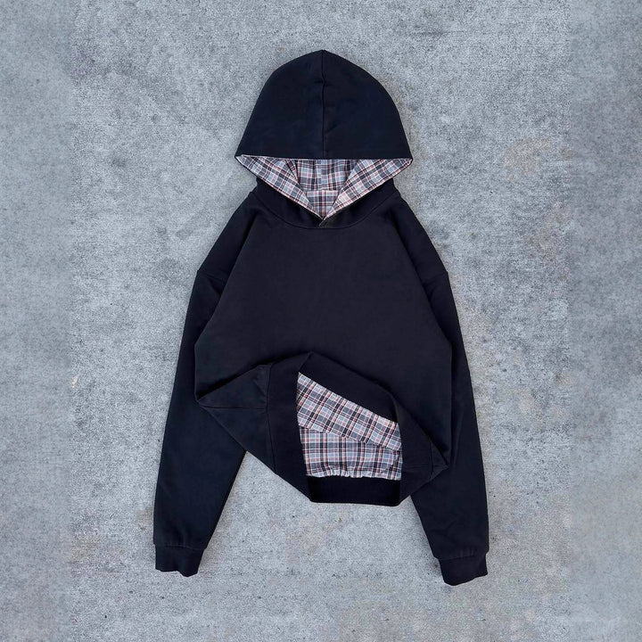 Damen nan kurz geschnittenes Kapuzensweatshirt mit kariertem Flanellfutter und Kängurutasche Drune