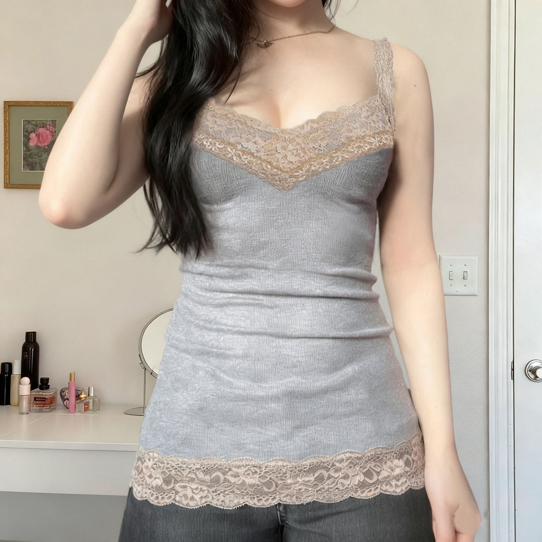 Damen Spaghettiträger-Shirt mit Spitzenverzierungen Drune