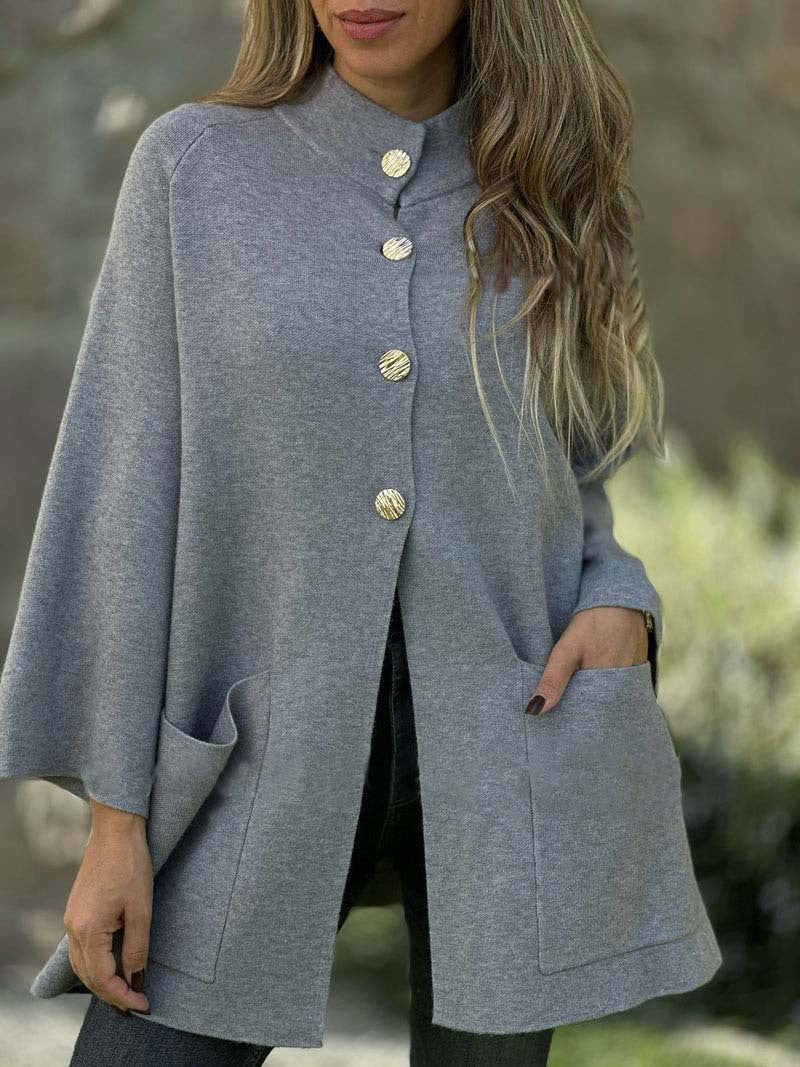 Damen Oversize Cape-Cardigan mit Stehkragen, aufgesetzten Taschen und Zierknöpfen Drune