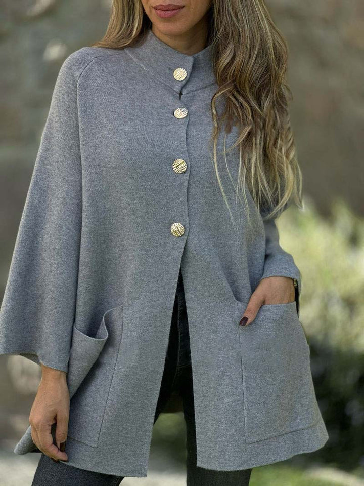 Damen Oversize Cape-Cardigan mit Stehkragen, aufgesetzten Taschen und Zierknöpfen Drune