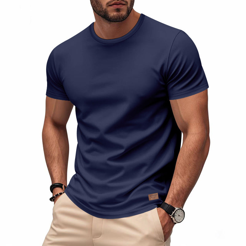 Herren nan schlankes Rundhals-T-Shirt aus glattem Stretchjersey mit dezenter Leder-Logoapplikation Drune