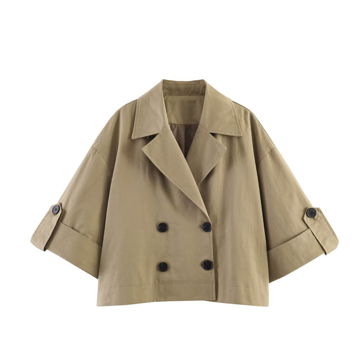 Damen Kurz geschnittener Cape‑Trench mit kastiger Silhouette und halblangen Ärmelriegeln Drune