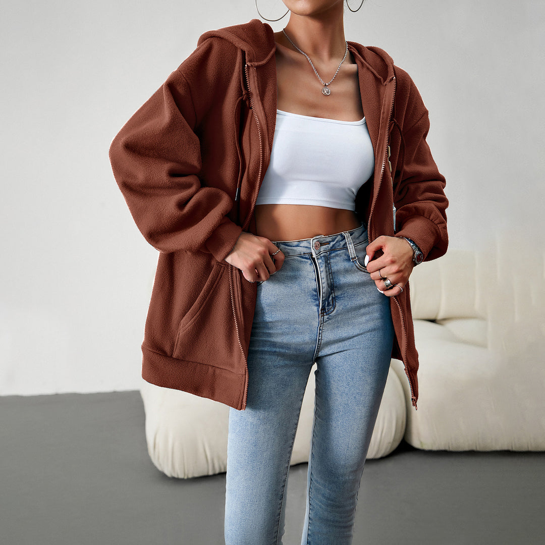 Damen nan kuscheliger Teddy-Fleece Zip-Hoodie mit Kapuze, tiefer Schulterpassform und Kängurutaschen Drune