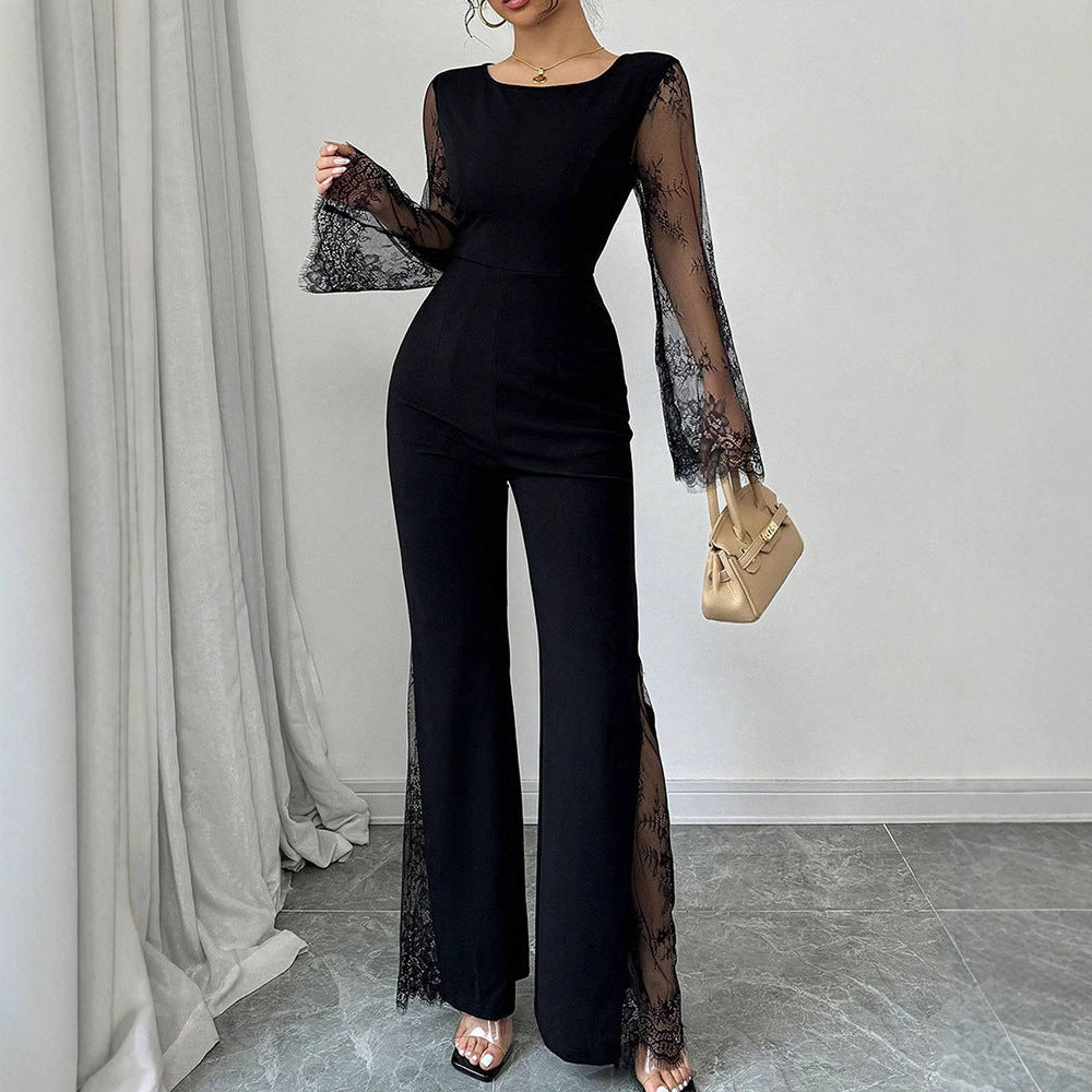 Damen Eleganter Jumpsuit mit schimmernder Spitze und weitem Bein Drune
