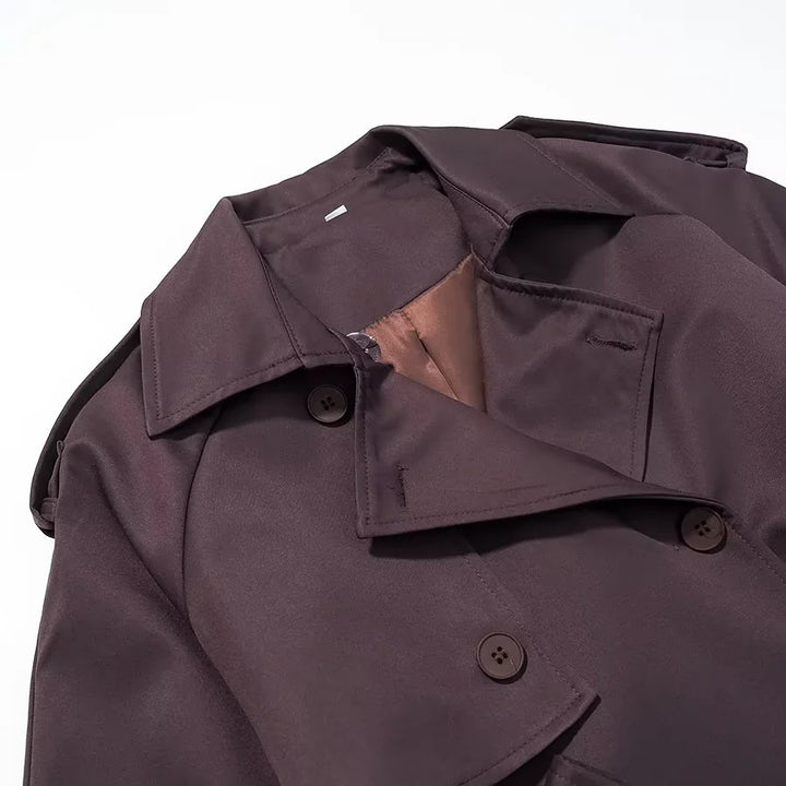 Damen nan langer Doppelreiher-Trenchcoat mit Taillengürtel, Epauletten und Sturmklappe Drune