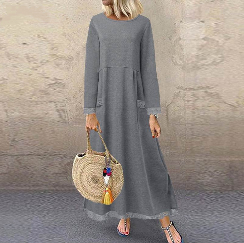 Damen nan Maxikleid mit lockerem A‑Linien Schnitt, Rundhalsausschnitt, aufgesetzten Eingrifftaschen und zierlichem Spitzenbesatz Drune
