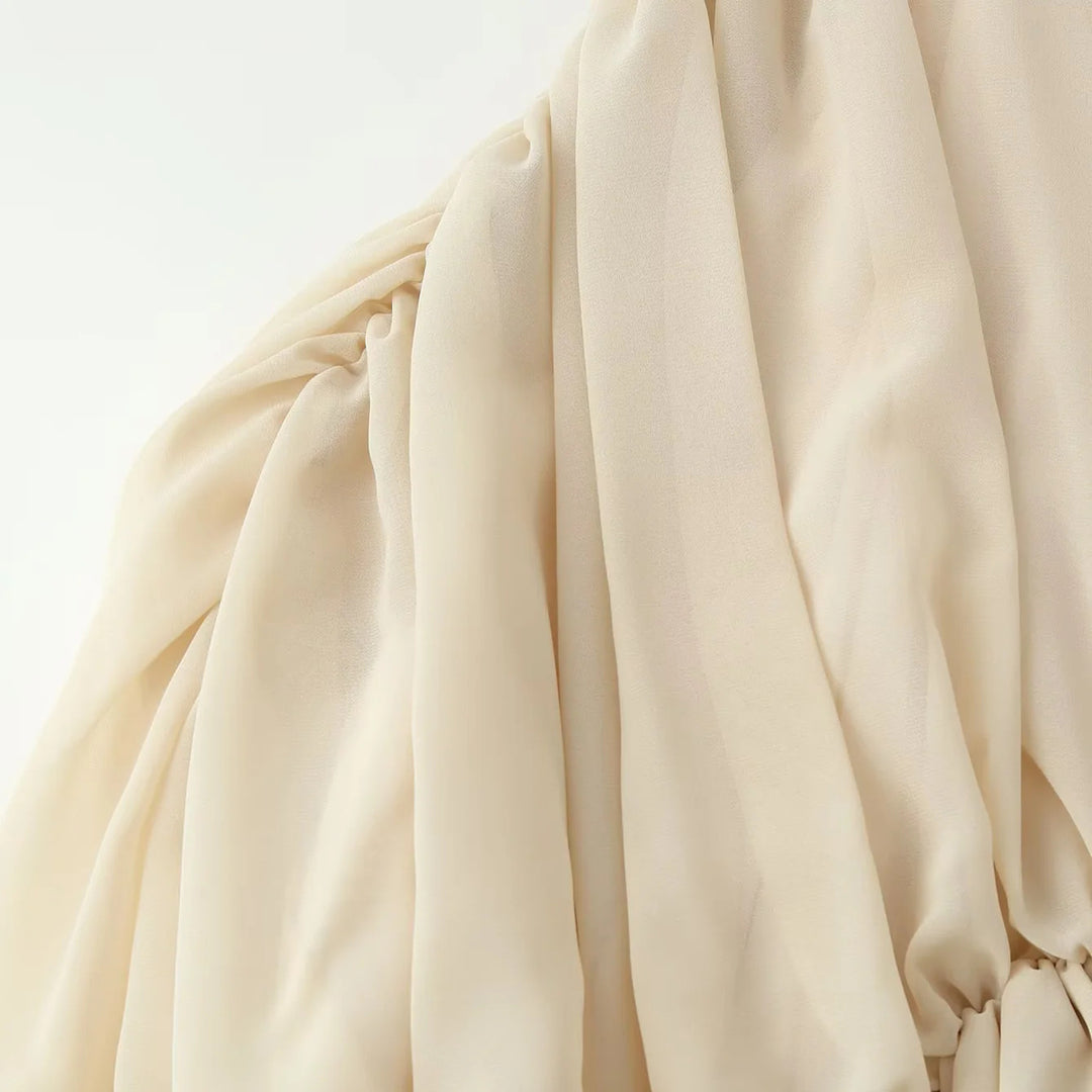 Damen nan voluminöse Drapé-Bluse mit tiefem V-Ausschnitt, gerafftem Taillenband und mehrlagigen Rüschen Drune
