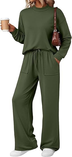 Damen Loungewear-Zweiteiler aus weichem Jersey mit Rundhalsausschnitt und weitem Kordelzug-Hose Drune