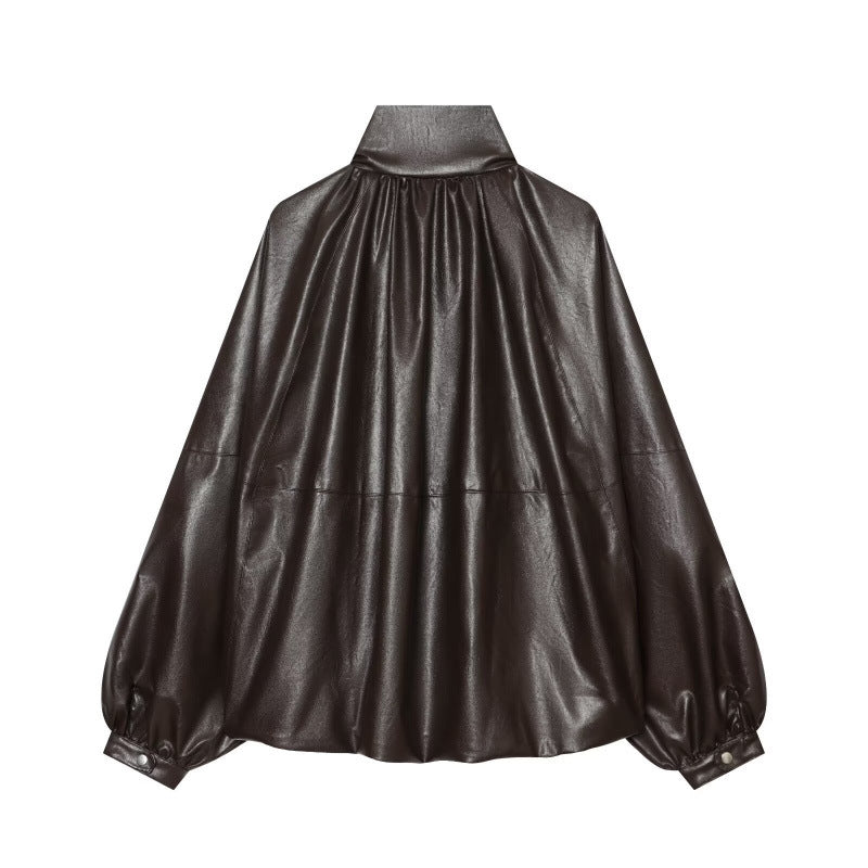Damen Glänzender Cropped Blouson aus Kunstleder mit hohem Stehkragen und voluminösen Ballonärmeln Drune