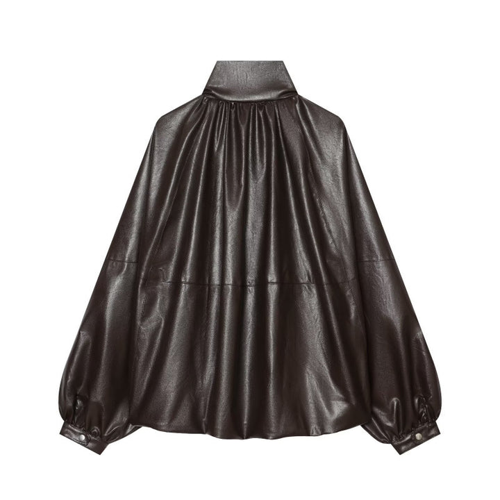 Damen Glänzender Cropped Blouson aus Kunstleder mit hohem Stehkragen und voluminösen Ballonärmeln Drune