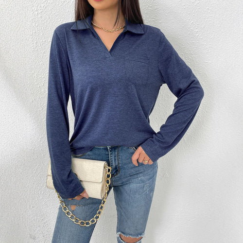 Damen Langarmbluse mit modernem Kragen und Brusttasche Drune