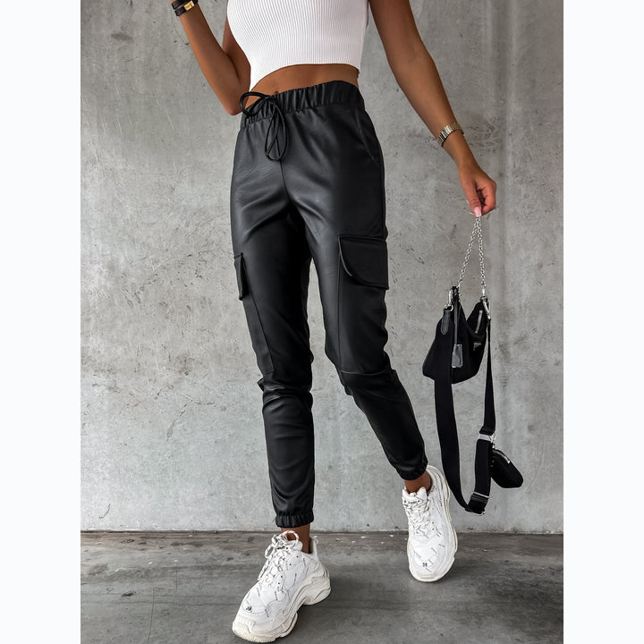 Damen Kunstleder Jogginghose mit praktischen Taschen und elastischem Bund Drune