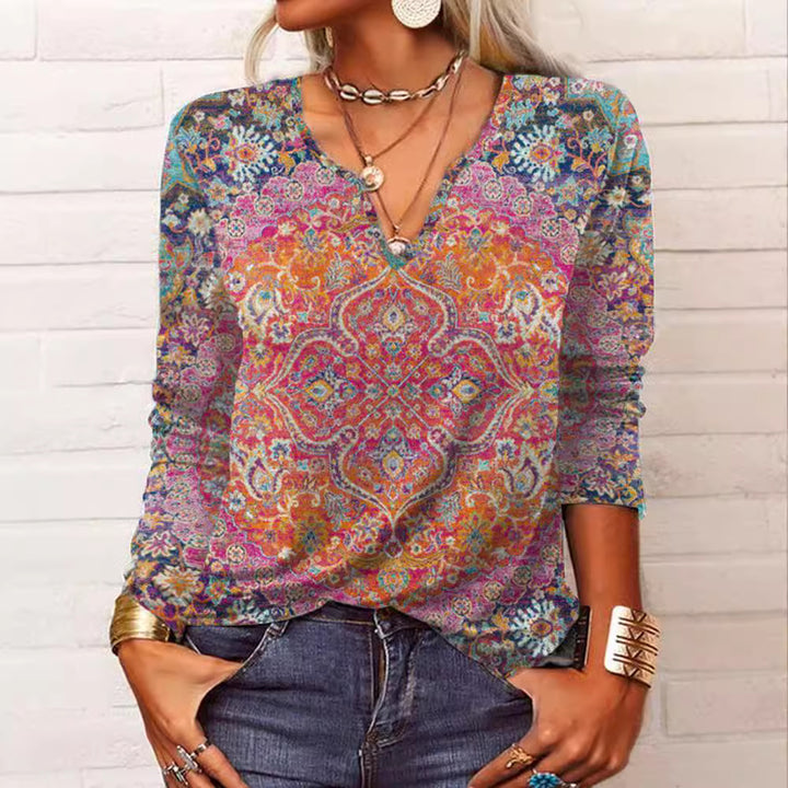 Damen Boho-Print V-Ausschnitt Tunika-Shirt Drune