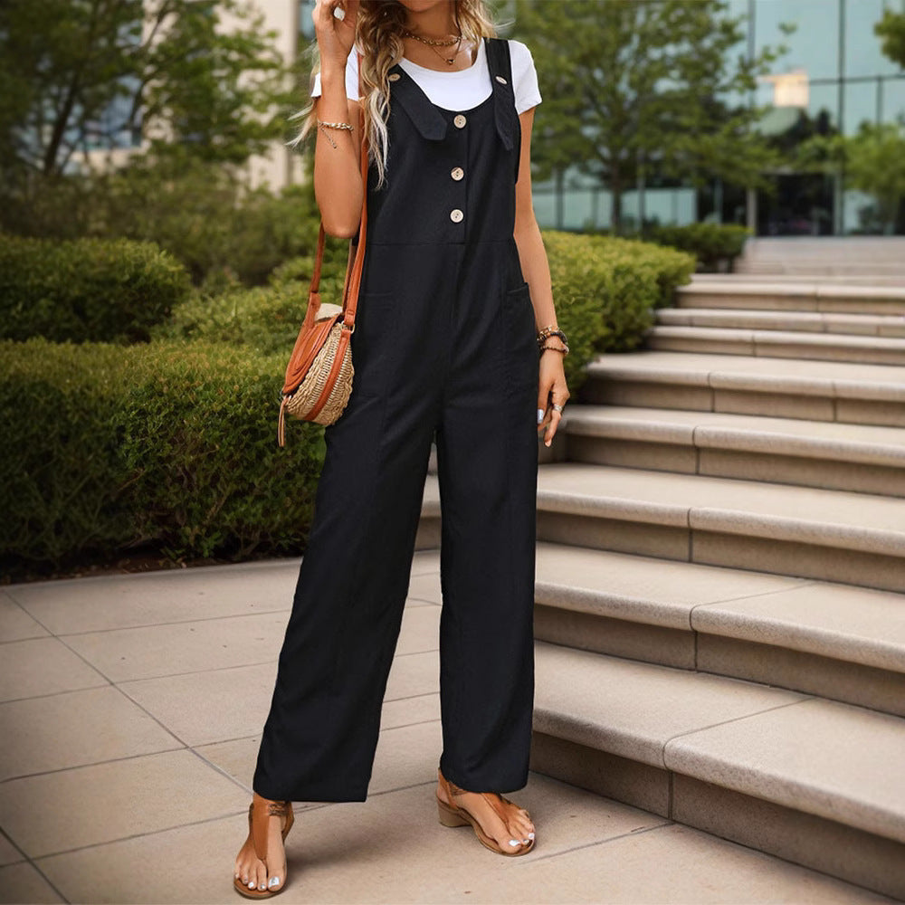 Damen Weichfallender Latz-Jumpsuit mit weitem Bein und Holzknopf‑Verschluss Drune