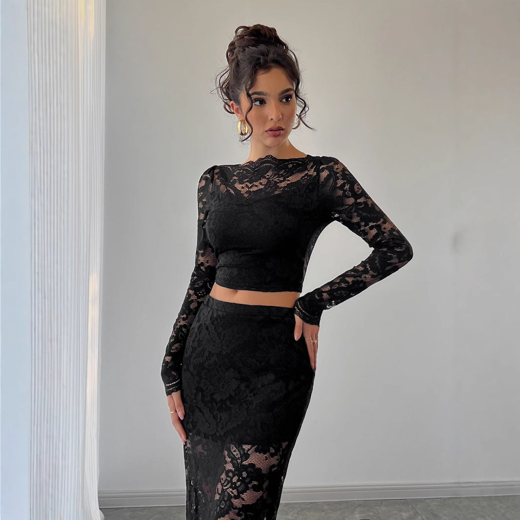 Damen nan zweiteiliges Spitzenensemble mit bauchfreiem Langarmoberteil und tailliertem Midirock Drune