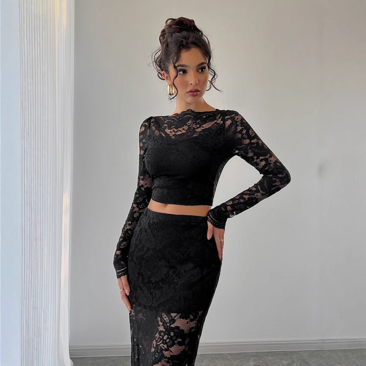 Damen nan zweiteiliges Spitzenensemble mit bauchfreiem Langarmoberteil und tailliertem Midirock Drune