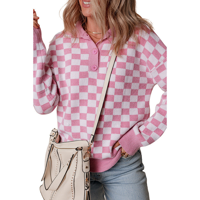 Damen gemütlicher Sweatpullover mit Karomuster und Knopfdetail Drune