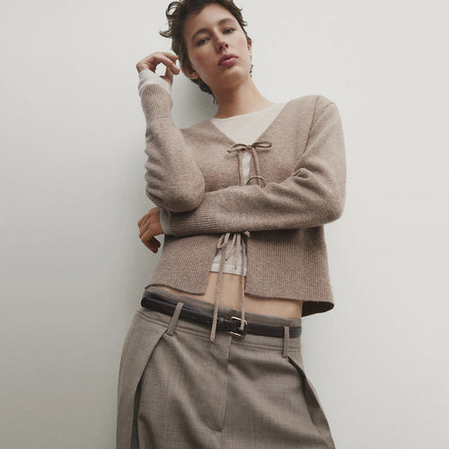 Damen kuschelige Strickjacke mit Bindegürtel und V-Ausschnitt Drune