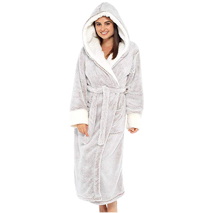 Damen Kuscheliger Fleece-Morgenmantel mit Kapuze und Gürtel Drune