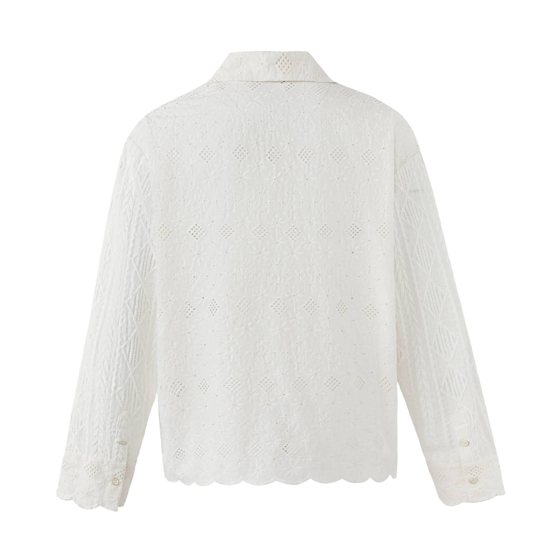 Damen Broderie-Anglaise Overshirt mit Knopfleiste und floraler Lochstickerei Drune