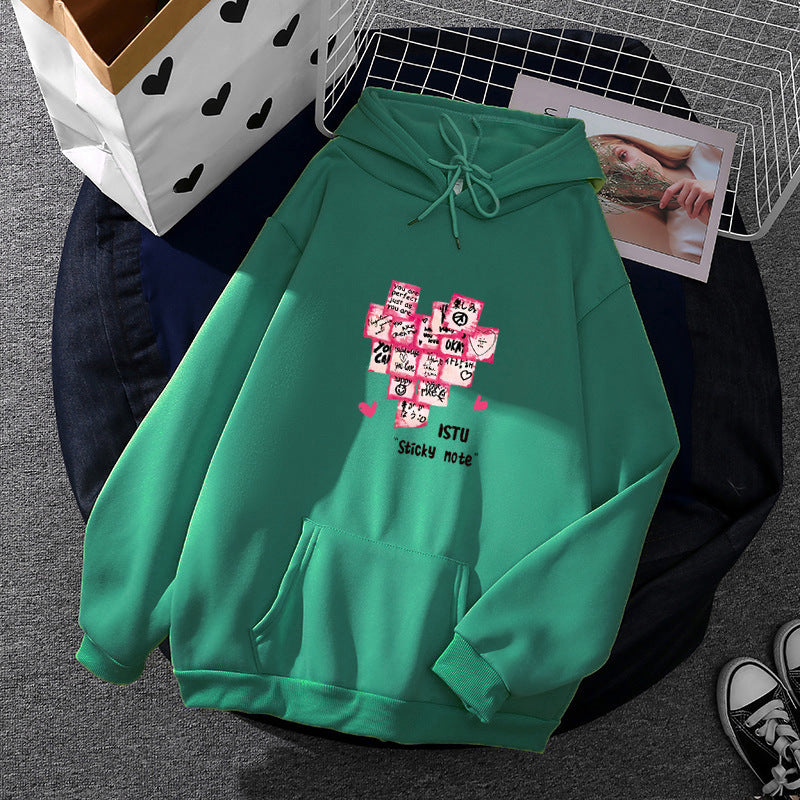 Damen nan Kapuzenpullover mit Sticky-Note Grafik, Kängurutasche und weichem Fleecefutter Drune