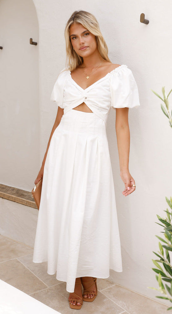 Damen Midikleid mit verspieltem Knotendetail und puffärmeligem Design Drune