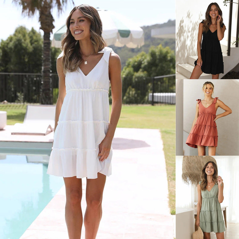 Damen fließendes Sommerkleid mit verstellbaren Trägern und dekorativem Rüschensaum Drune