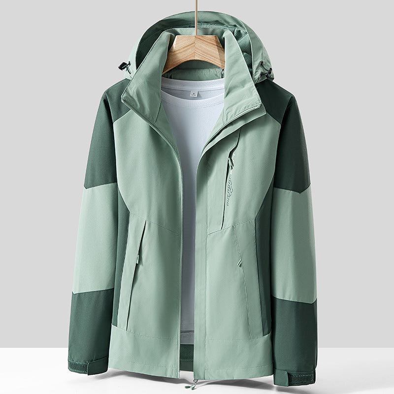 Unisex Atmungsaktive Softshell-Outdoorjacke im Colorblock-Design mit regulierbarer Kapuze und verdecktem Zweiwege-Reißverschluss Drune