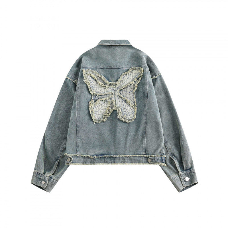 Unisex Boxy-Denimjacke mit ausgefransten Saumkanten, Pattentaschen und Vintage-Waschung Drune